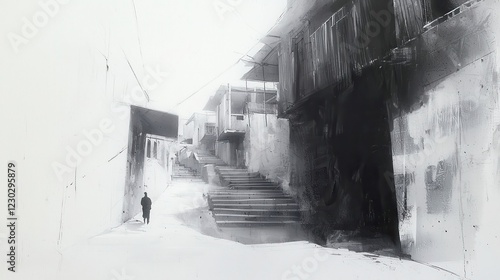 Echoing Steps in an Ancient Alley, a moody ink composition capturing a narrow passage flanked by weathered wooden houses, evoking a sense of history and mystery. photo