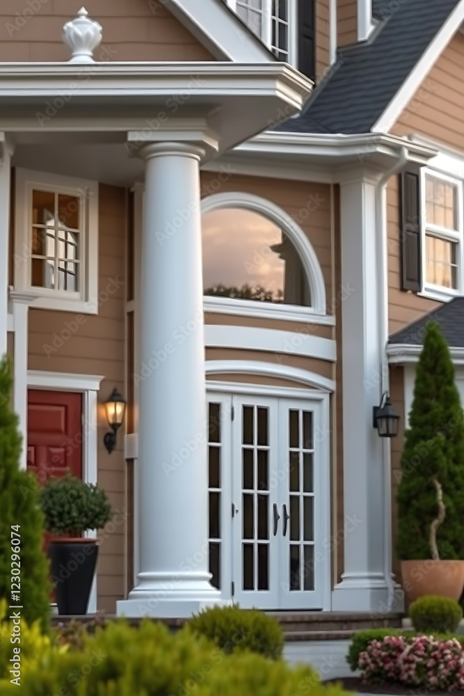 Elegant Home Exterior with Classic Columns and Landscaping. This luxury house showcases beautiful architecture, a grand entrance, and curb appeal. Elegant Home Exterior with Classic Columns and Landscaping. This luxury house showcases beautiful architecture, a grand entrance, and curb appeal.