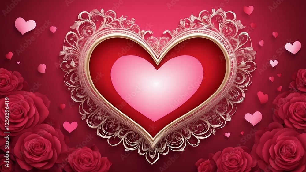 Elegant Ornate Heart with Red Roses and Pink Hearts, perfect for Valentine's Day cards and romantic designs. Elegant Ornate Heart with Red Roses and Pink Hearts, perfect for Valentine's Day cards and romantic designs.