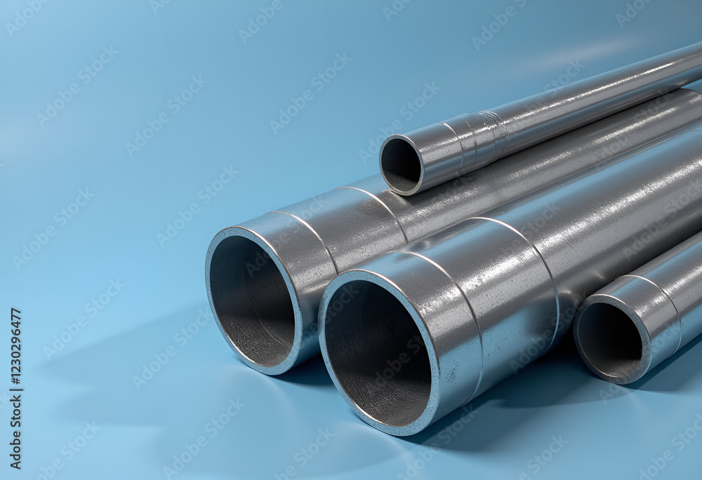 Fototapeta premium Metallic Pipes construction material isolated Light Blue Background with Industrial Texture
