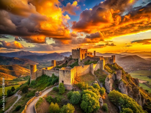 Majestic Phokaia Castle at Sunset: Panoramic View of Ancient Ruins photo