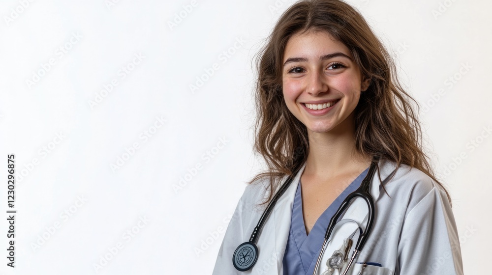 Smiling young woman, graduate student medical therapist or pediatrician, standing in a medical gown with a stethoscope on her shoulders on a white isolated background . High quality photo Smiling young woman, graduate student medical therapist or pediatrician, standing in a medical gown with a stethoscope on her shoulders on a white isolated background . High quality photo