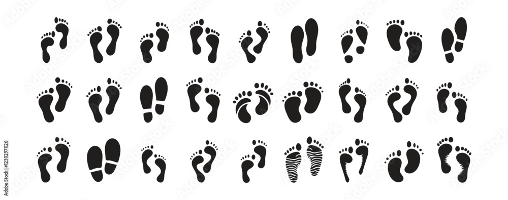 Footprint vector illustration set, perfect foot print silhouette for tracking or identity concepts Footprint vector illustration set, perfect foot print silhouette for tracking or identity concepts