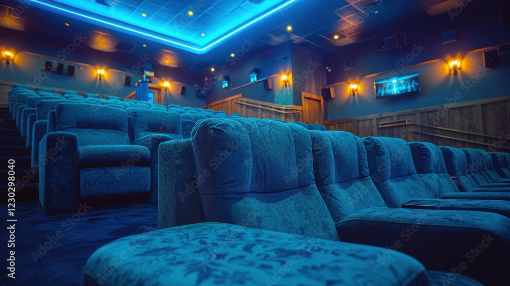 Fototapeta premium Spacious cinema with empty blue seats and ambient lighting creating serene atmosphere