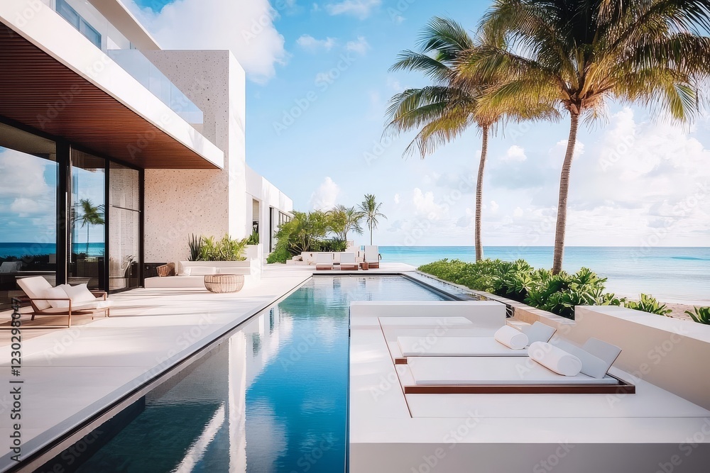 Fototapeta premium Elegant white hotel featuring a refreshing swimming pool.