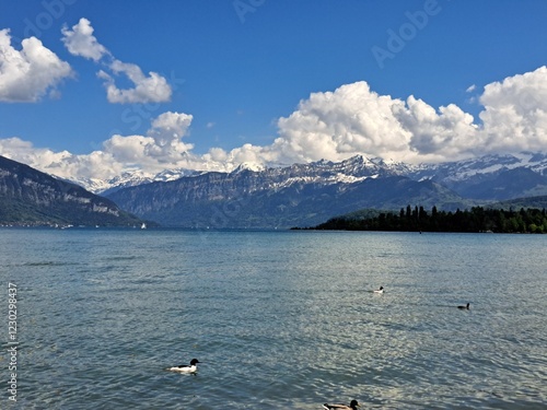 A lake in the Swiss Alps. The Blue Lake in Switzerland. Snow-capped mountains near the lake. Spring.