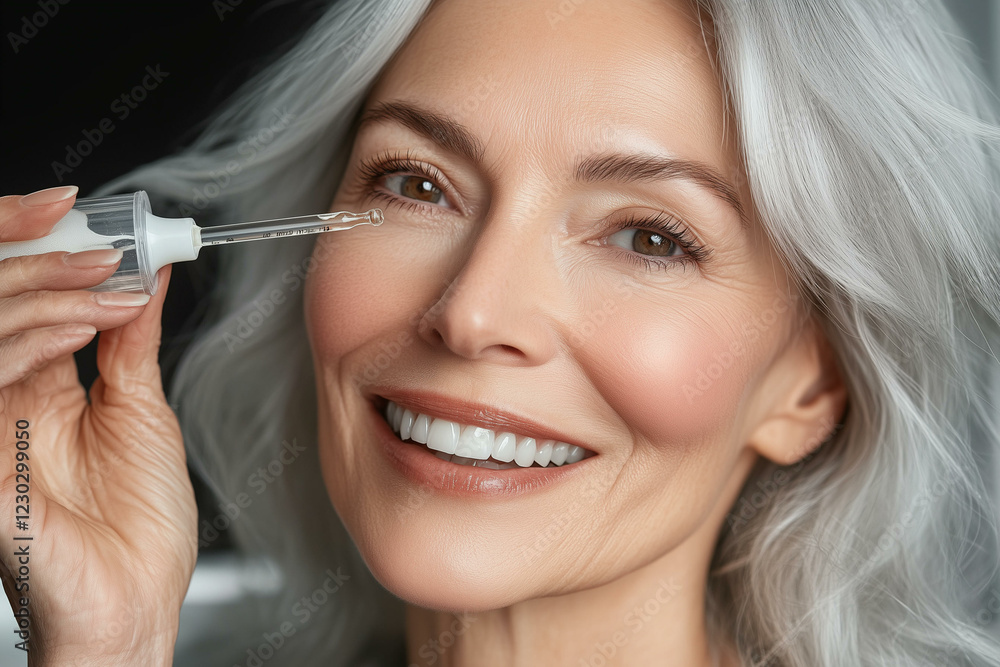 Beautiful elderly woman smiling applying eyedropper filled with a white serum to her face. Senior woman with mature skin using collagen moisturizer. Anti aging treatment concept Beautiful elderly woman smiling applying eyedropper filled with a white serum to her face. Senior woman with mature skin using collagen moisturizer. Anti aging treatment concept