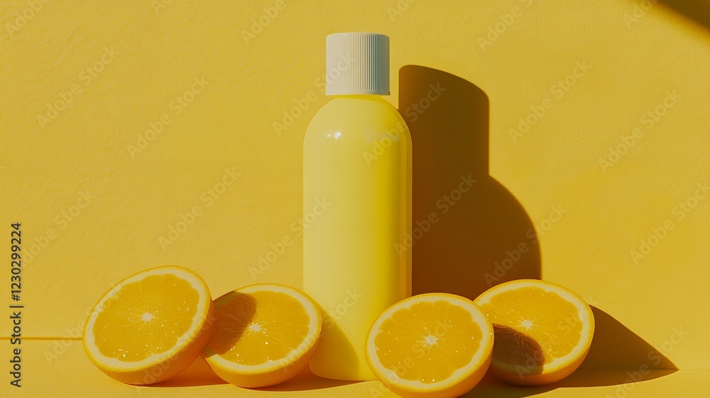 Yellow Citrus Scented Lotion Bottle with Orange Slices on Sunny Yellow Background Yellow Citrus Scented Lotion Bottle with Orange Slices on Sunny Yellow Background