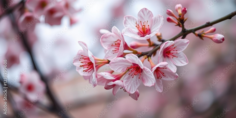 Fototapeta premium Soft pink and red cherry blossoms unfolding from a branch, tree, petals