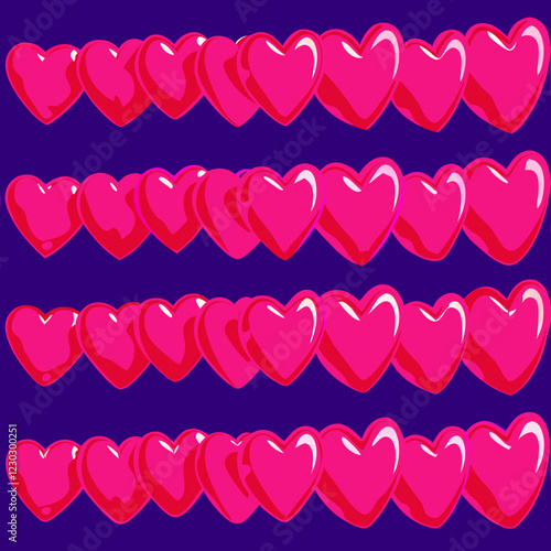 Heartfelt Pattern: A vibrant and playful pattern of glossy pink hearts arranged in neat rows against a rich purple background. Perfect for Valentine's Day, romantic designs.