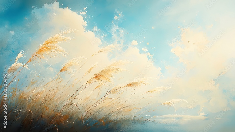 Whispering Wind in the Grasslands, a serene watercolor illustrating the gentle movement of tall grasses beneath a vast, tranquil sky. Whispering Wind in the Grasslands, a serene watercolor illustrating the gentle movement of tall grasses beneath a vast, tranquil sky.