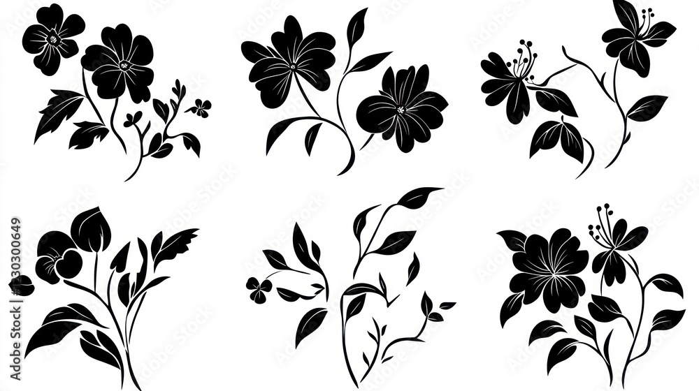 Black floral silhouettes; design elements; white background; design resource Black floral silhouettes; design elements; white background; design resource