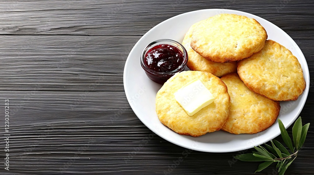 Famous Food of Canada concept. Freshly baked biscuits served with butter and jam on a plate. Famous Food of Canada concept. Freshly baked biscuits served with butter and jam on a plate.