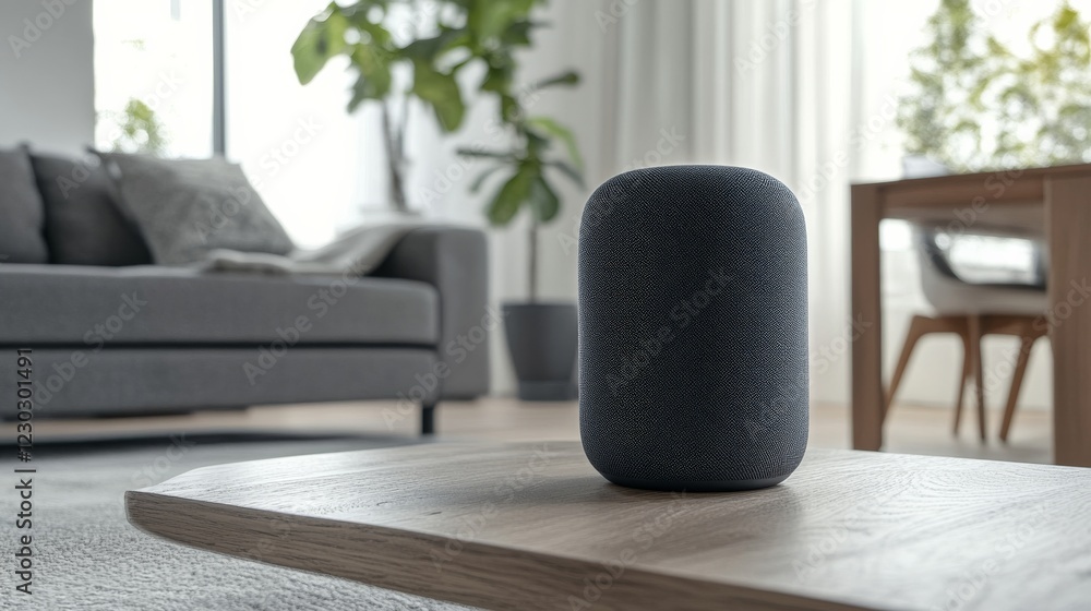 A state-of-the-art smart speaker system in a minimalist living room, sleek and modern design, Innovative style A state-of-the-art smart speaker system in a minimalist living room, sleek and modern design, Innovative style