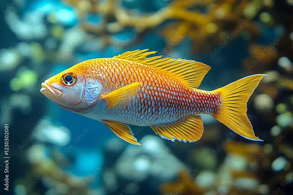 Vivid Orange Fish Swims In Aquatic Environment Vivid Orange Fish Swims In Aquatic Environment