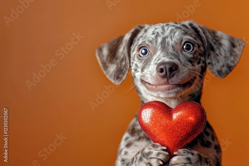 Cute catahoula leopard dog pup with sparkling rhinestones red heart - emblem of love, funny greeting card. Catahoula leopard dog - my treasured dog. Marketing conceptual art. Dogs and love. photo