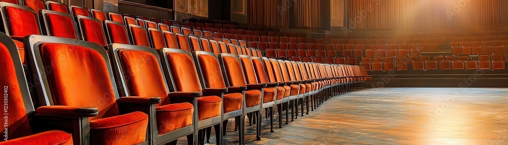 Fototapeta premium Empty theater seats await an exciting performance to begin.
