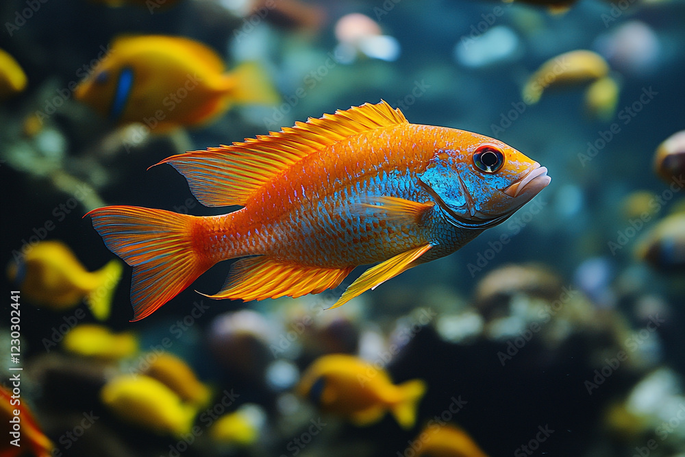 Vibrant Orange Fish Swims Among Yellow Fish Vibrant Orange Fish Swims Among Yellow Fish