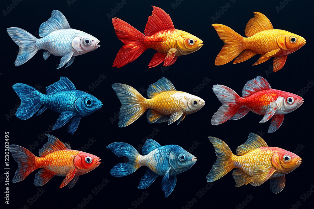 Fototapeta premium Twelve Colorful Fish Swimming in Dark Water