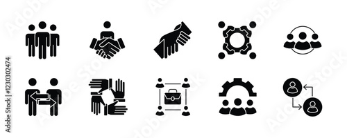 Team thin line icon set. Containing teamwork, group people, achievement, collaboration, cooperation, leadership, meeting, management, togetherness, organization. Vector illustration
