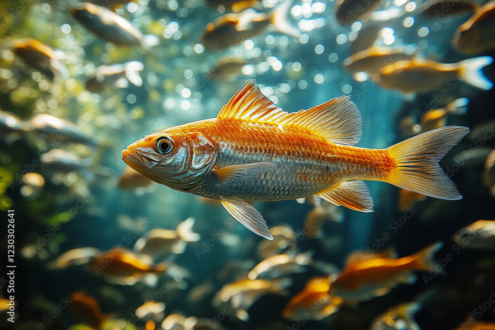 A single goldfish swims among many others in an aquarium A single goldfish swims among many others in an aquarium