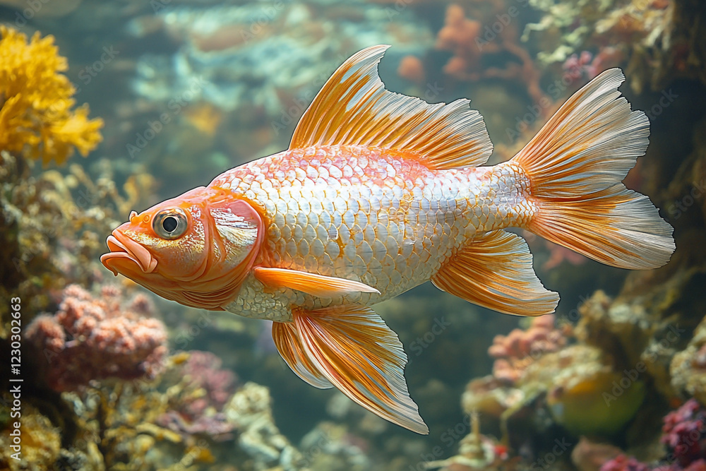 Orange and White Fish Swims in Coral Reef Orange and White Fish Swims in Coral Reef