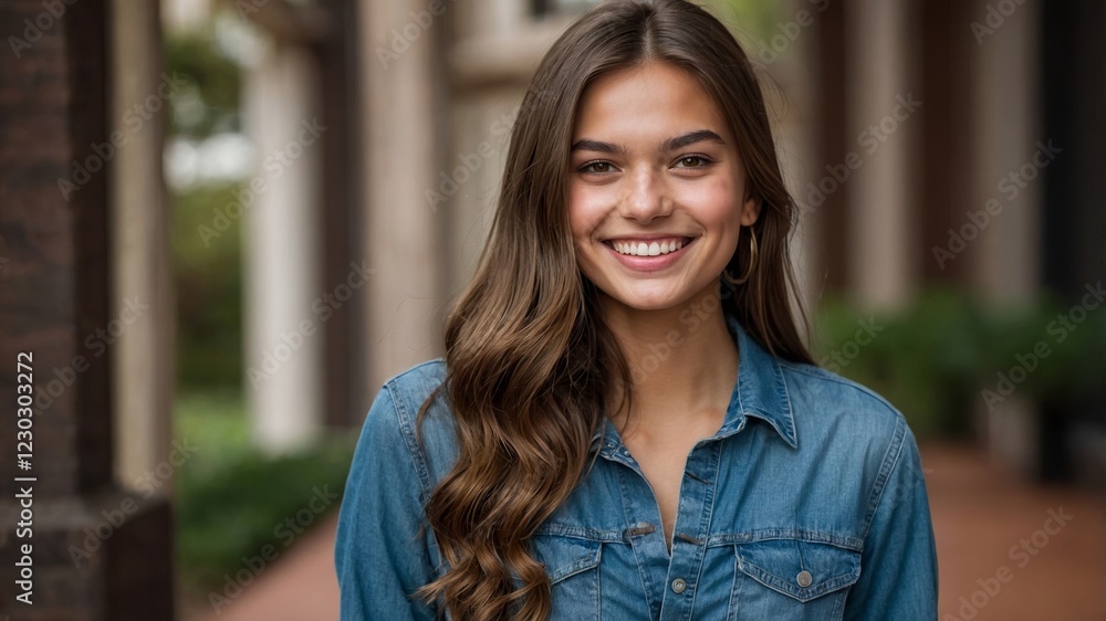 A radiant young woman with a warm smile, wearing a denim shirt, stands outdoors in a softly blurred background. A radiant young woman with a warm smile, wearing a denim shirt, stands outdoors in a softly blurred background.
