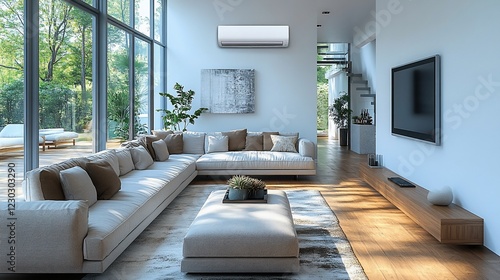 Modern Living Room with Air Conditioner and Large Windows
