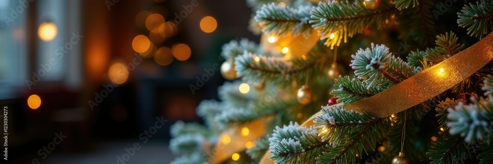 Shimmering golden garland wrapped around frosted fir tree with soft glowing light amidst festive atmosphere, Christmas, garlands Shimmering golden garland wrapped around frosted fir tree with soft glowing light amidst festive atmosphere, Christmas, garlands