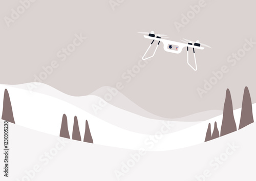 A drone glides over a serene winter landscape, revealing a tranquil scene of white snow, gentle hills, and tall spruces set against a cloudy sky, creating a peaceful atmosphere