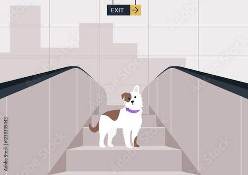 In a modern setting, a spotted dog playfully navigates an escalator, embodying canine curiosity against a vibrant urban backdrop photo