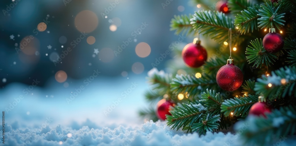 Sparkling snowflakes fall gently on festive greenery, winter wonderland, festive atmosphere Sparkling snowflakes fall gently on festive greenery, winter wonderland, festive atmosphere