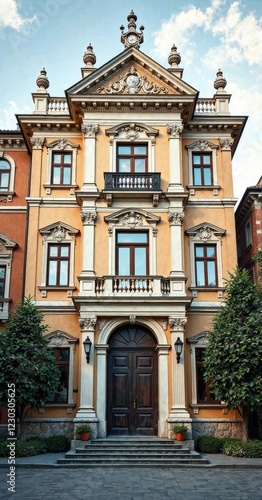 Obraz na płótnie Renaissance-inspired facade with classical elements, columns, pediment, frieze