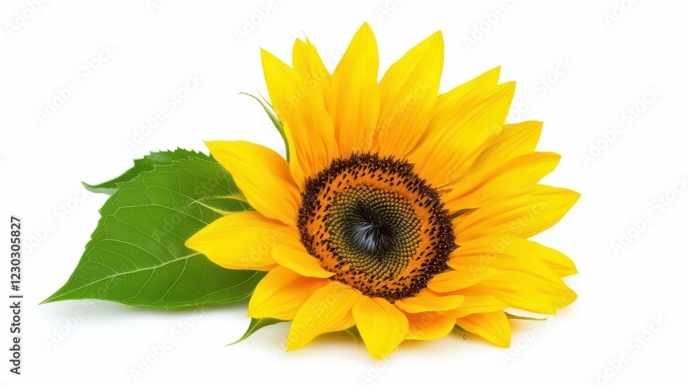 Obraz premium Bright Yellow Sunflower with Green Leaf Isolated on White Background