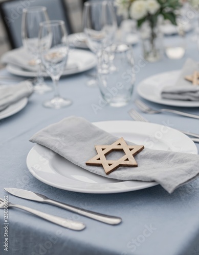 Beautiful table setting in white lite colors with tablecloth and decorated with David star. Celebrating Hanukkah, Rosh Hashanah, New Year, Christmas, Passover, Shavuot. photo