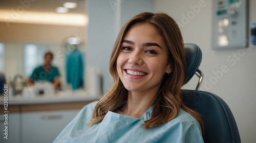 Smiling young woman sits comfortably in a modern dentist s chair  ready for a dental checkup.