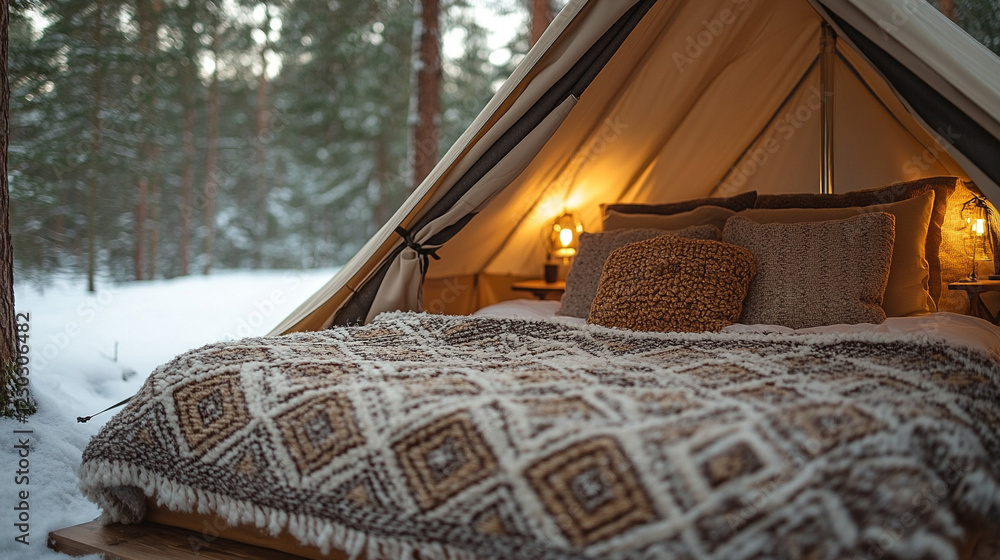 A cozy tent interior with soft bedding and pillows, offering warmth and comfort in a snowy forest, surrounded by tranquility and peace in a minimalist, bright atmosphere with blurred background
A cozy tent interior with soft bedding and pillows, offering warmth and comfort in a snowy forest, surrounded by tranquility and peace in a minimalist, bright atmosphere with blurred background