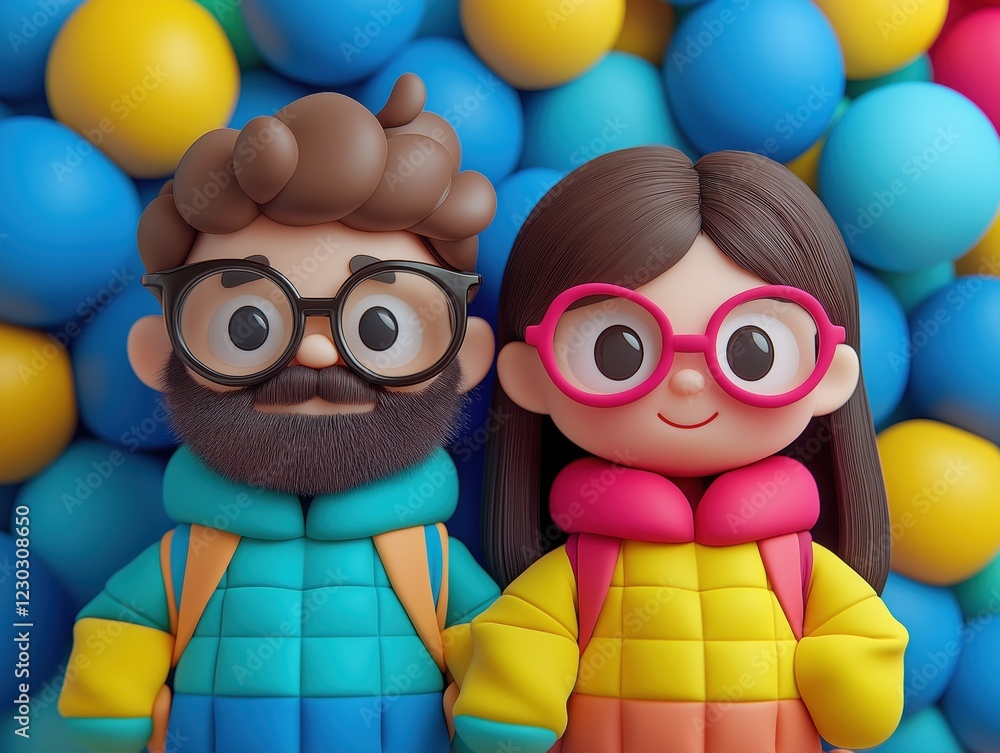 Fototapeta premium 3D Cartoon Couple with Glasses - Colorful Background