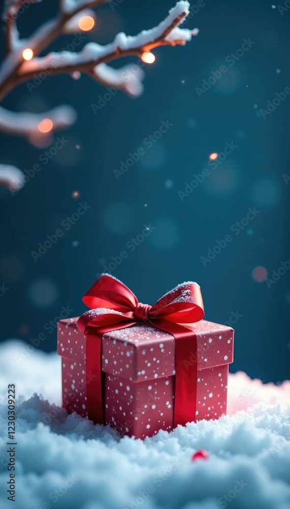 A single gift box with a red bow tied on top of a snowy surface, dark blue sky, branch, present A single gift box with a red bow tied on top of a snowy surface, dark blue sky, branch, present