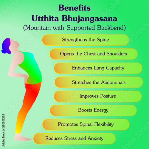 Benefits of practicing  Utthita Bhujangasana yoga pose. Mountain with Supported Backbend pose. Beginner Difficulty. Isolated vector illustration.
