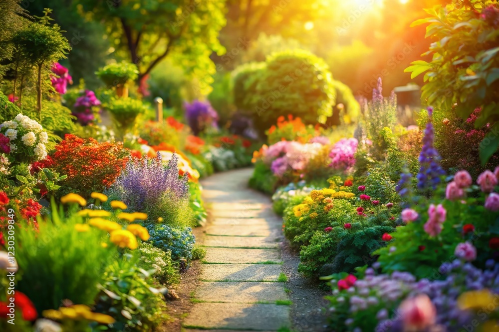 Fototapeta premium Miniature Garden Path: Blooming Flowers & Lush Greenery - Tilt-Shift Photography