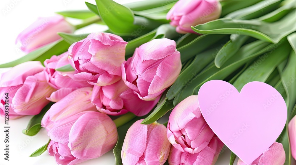 Obraz premium Pink tulips with a pink heart-shaped card 