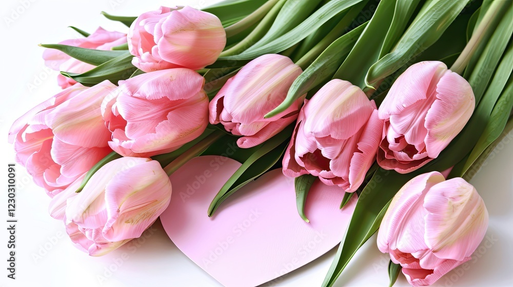 Pink tulips with a pink heart-shaped card Pink tulips with a pink heart-shaped card