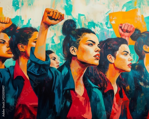 A vibrant mural featuring a determined woman raising her fist in protest, embodying strength and empowerment. This artistic expression captures the essence of activism and social change.