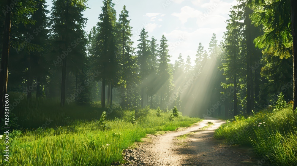 Fototapeta premium Serene Forest Pathway with Sunbeams Through Lush Green Trees