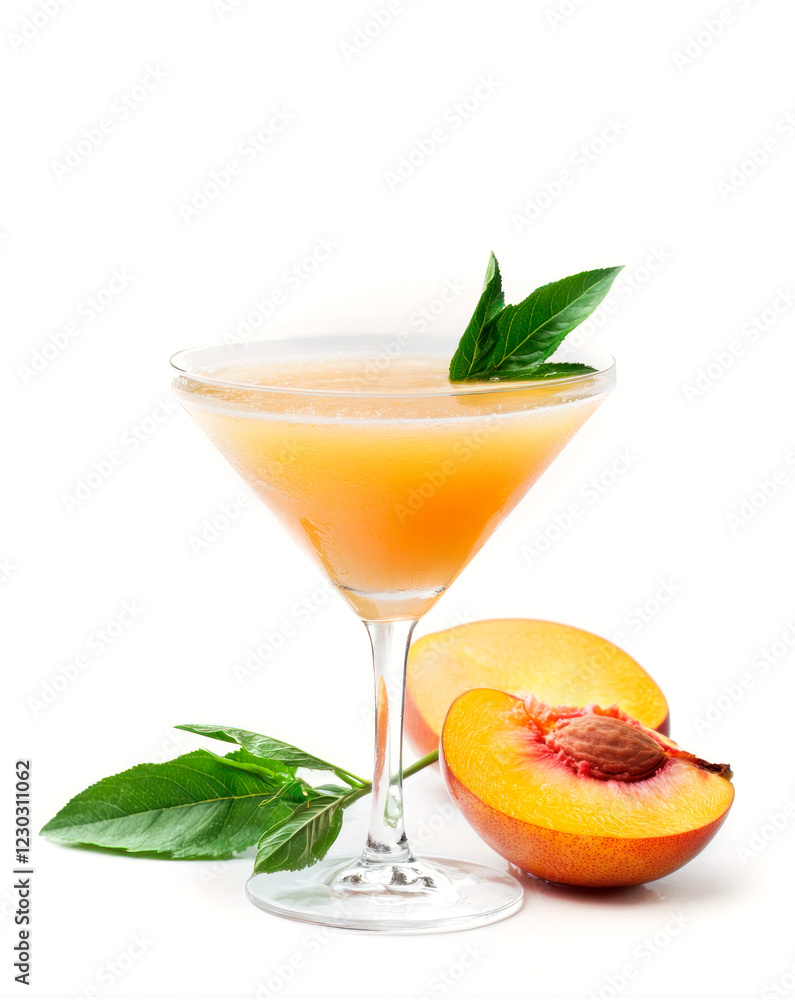 Fototapeta premium Classic Italian alcoholic cocktail bellini with champagne, peach on white background. Summer alcoholic drinks, bar menu.