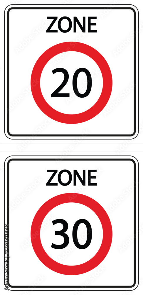 Two vertical road signs indicating speed limit zones of 20 and 30 kilometers per hour Two vertical road signs indicating speed limit zones of 20 and 30 kilometers per hour