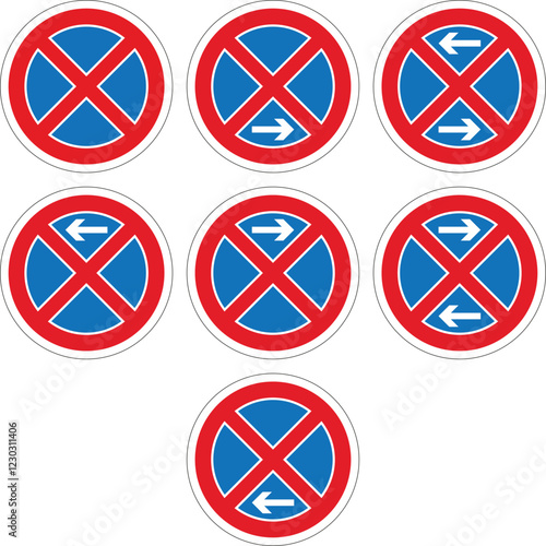 Set of nine round no parking or stopping traffic signs with red border, blue center, white cross and white arrows indicating direction of prohibition