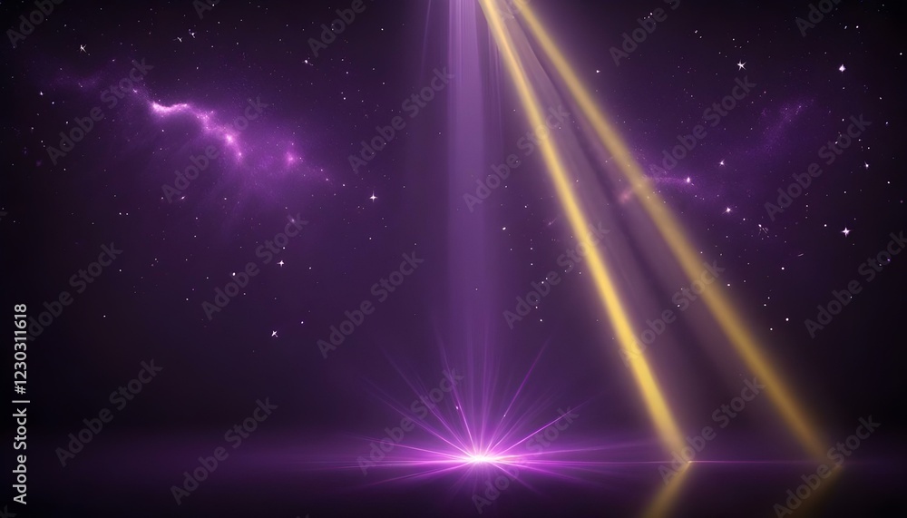 Fototapeta premium Rayos de luz morados y amarillos brillantes que brillan desde la parte superior del marco contra un fondo oscuro y estrellado
