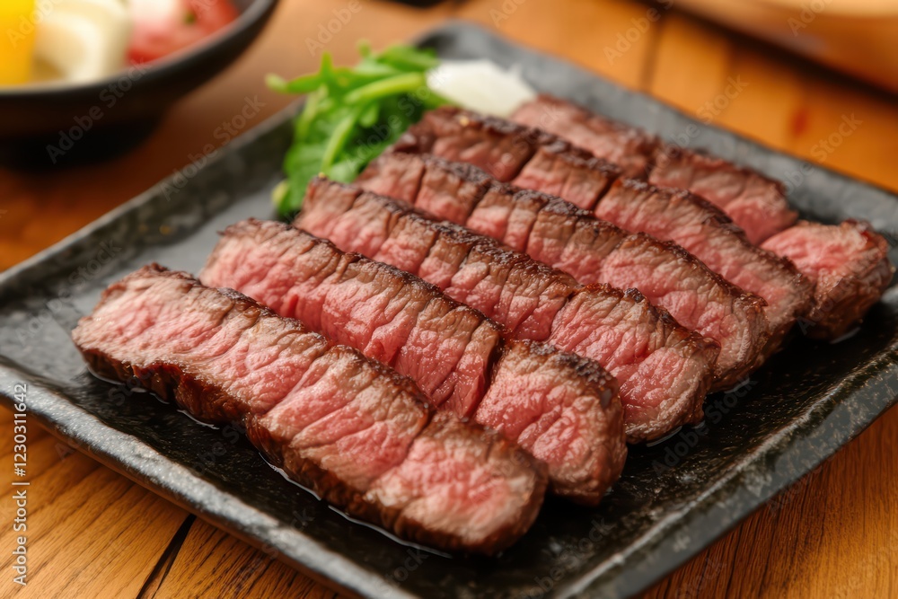 Juicy Slices of Grilled Steak on Black Plate with Fresh Greens Juicy Slices of Grilled Steak on Black Plate with Fresh Greens